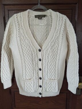 VTG Inis Crafts 100% Merino Wool Fisherman Cardigan Sweater Cable‎ Knit S Irish